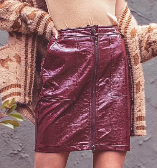 FINAL SALE Faux Leather Burgundy Zipper with Side Pockets Skirt