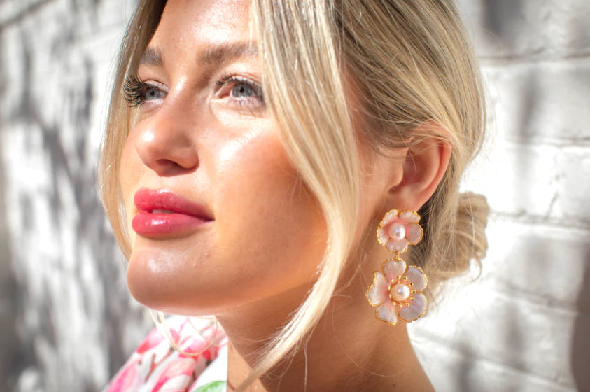 FINAL SALE The Pink Reef- Double Color Drop Flower Earring In Pink Pearl