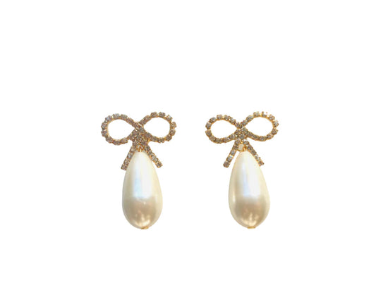 FINAL SALE The Pink Reef- Crystal Bow Pearl Drop Earrings
