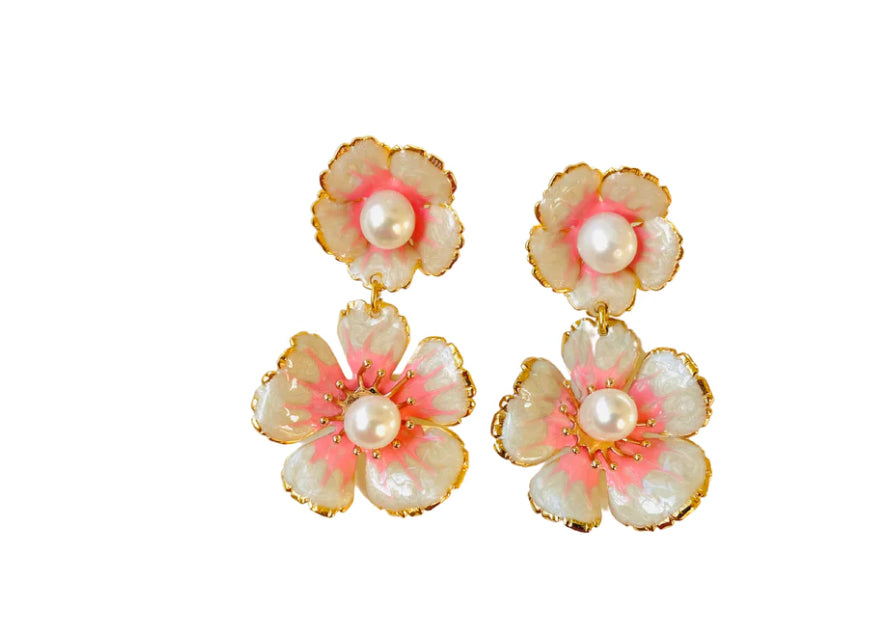 FINAL SALE The Pink Reef- Double Color Drop Flower Earring In Pink Pearl
