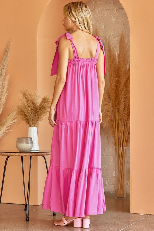 FINAL SALE Solid Maxi Tiered Dress In Hot Pink